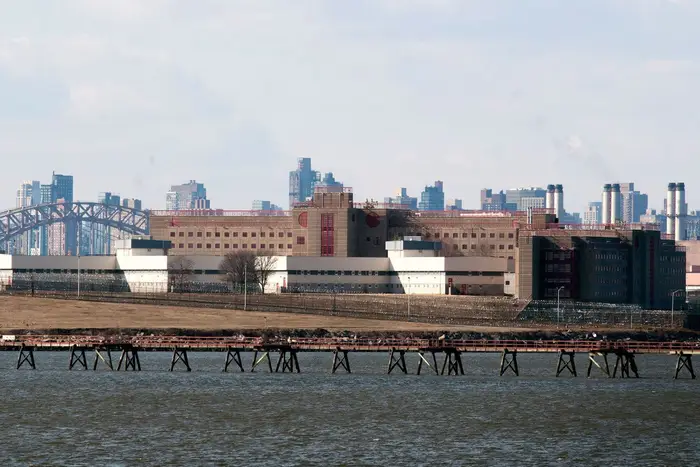 A view of Rikers Island from across the East River.